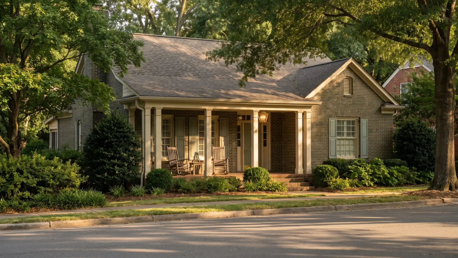 An established Charlotte brick home with a deep covered porch and clean black-framed windows in golden-hour light.
